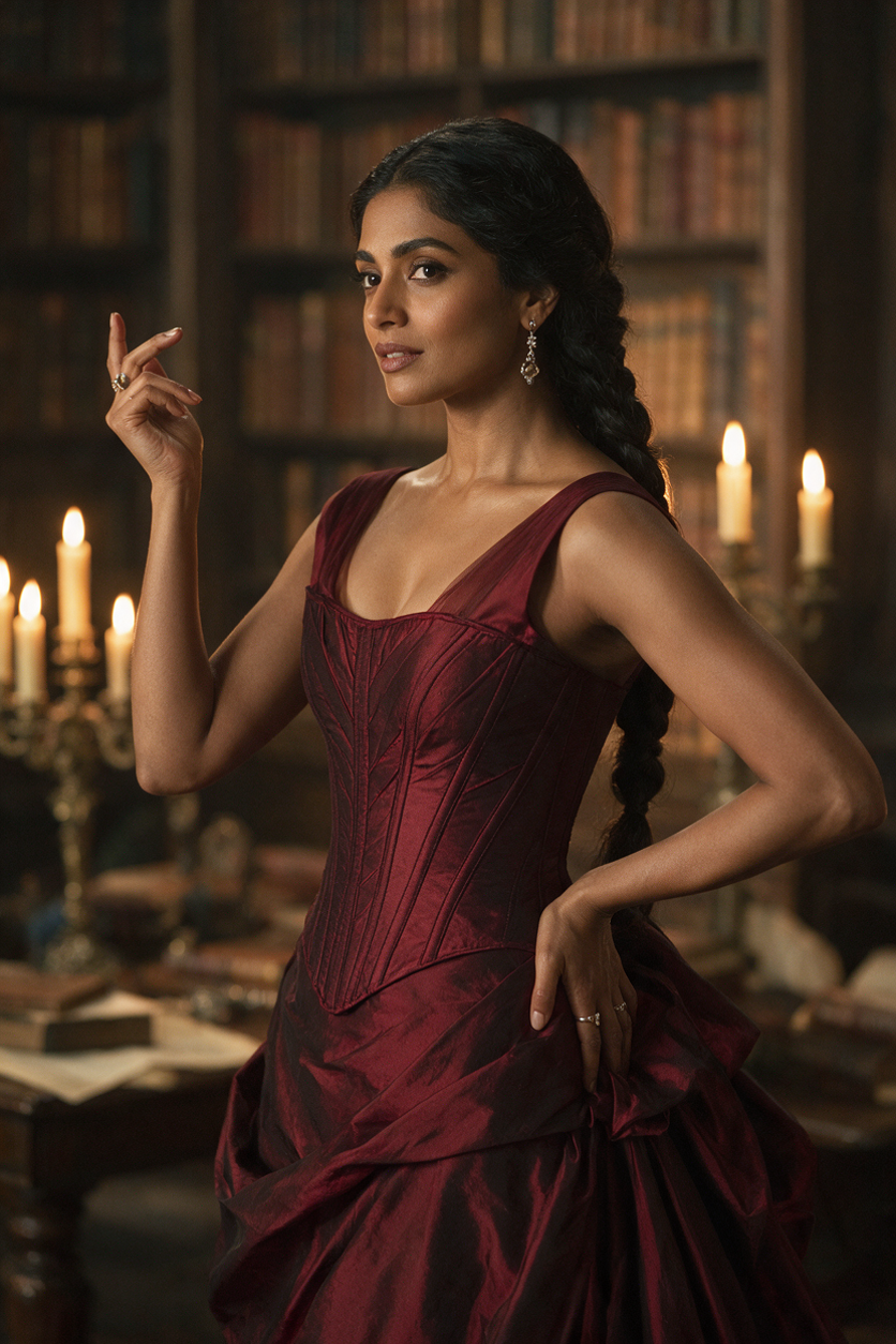 Original fictional adult woman age 30, South Asian, long braided hair, burgundy corset-inspired evening wear, elegant