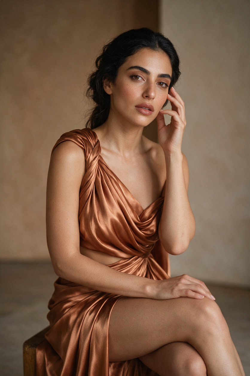 Fictional consenting adult woman age 27, Middle Eastern features, copper silk drapery styled as couture, relaxed