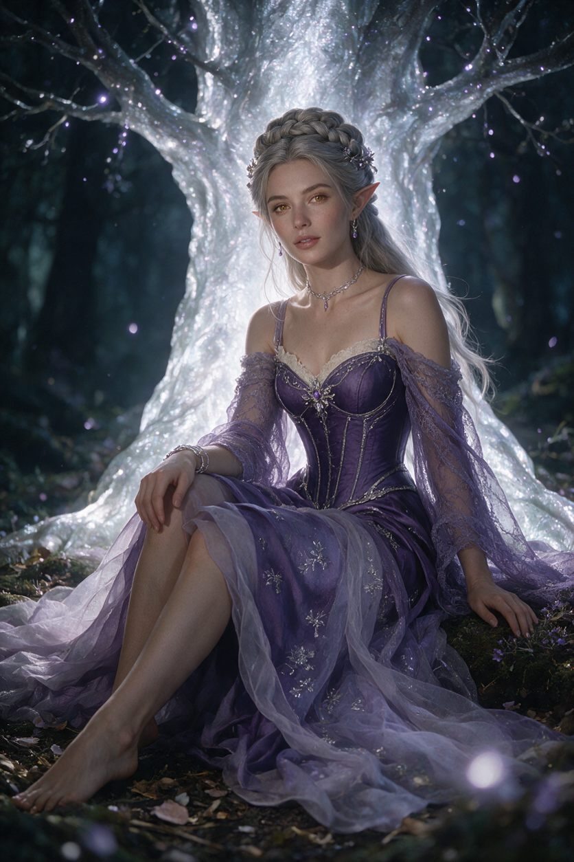 Fictional adult woman age 28, fantasy elf-inspired adult character, long silver hair, elegant violet corset gown,