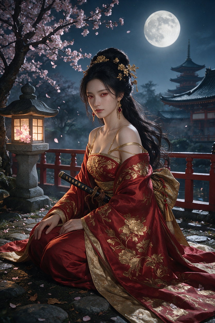 Original fictional adult woman age 32, Japanese-inspired fantasy character, flowing crimson and gold adult costume, elegant