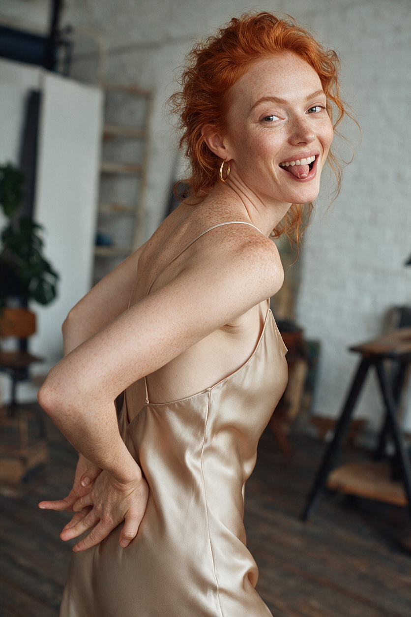 Original fictional adult woman age 34, freckled redhead, champagne silk slip dress, playful over-the-shoulder pose, softly