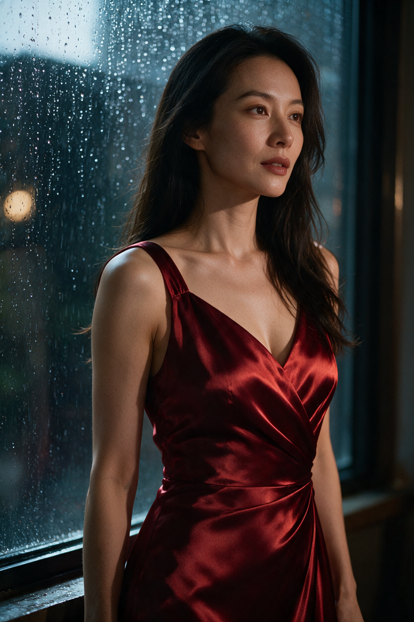 Original fictional adult woman age 31, East Asian, long dark hair, deep red satin evening dress