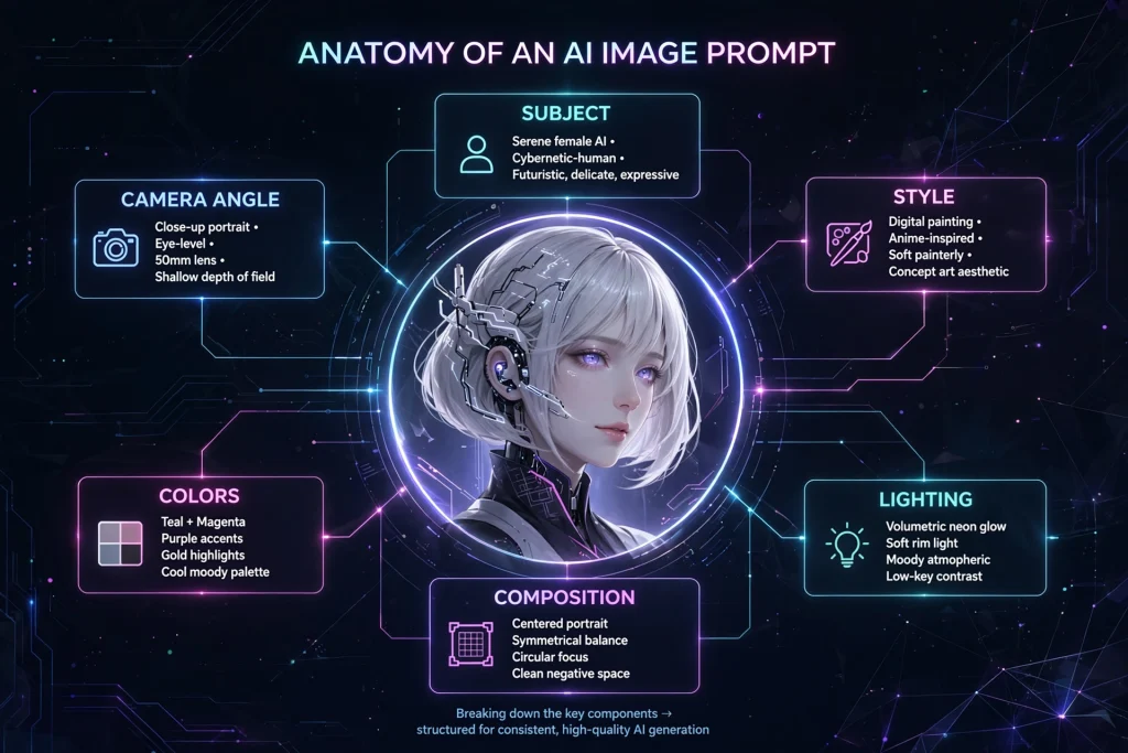 Diagram illustrating the seven building blocks of an effective AI image prompt