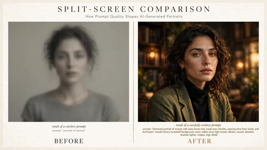 Side-by-side comparison showing a vague prompt result versus a detailed prompt result