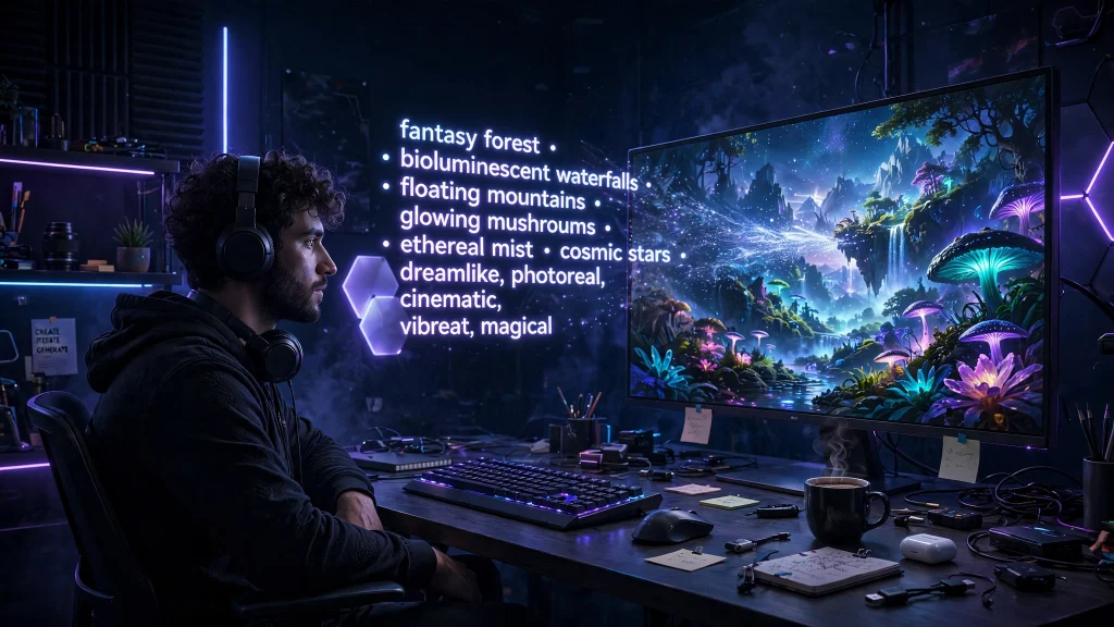 Illustration of a creator writing a detailed AI image prompt at a desk with visual examples