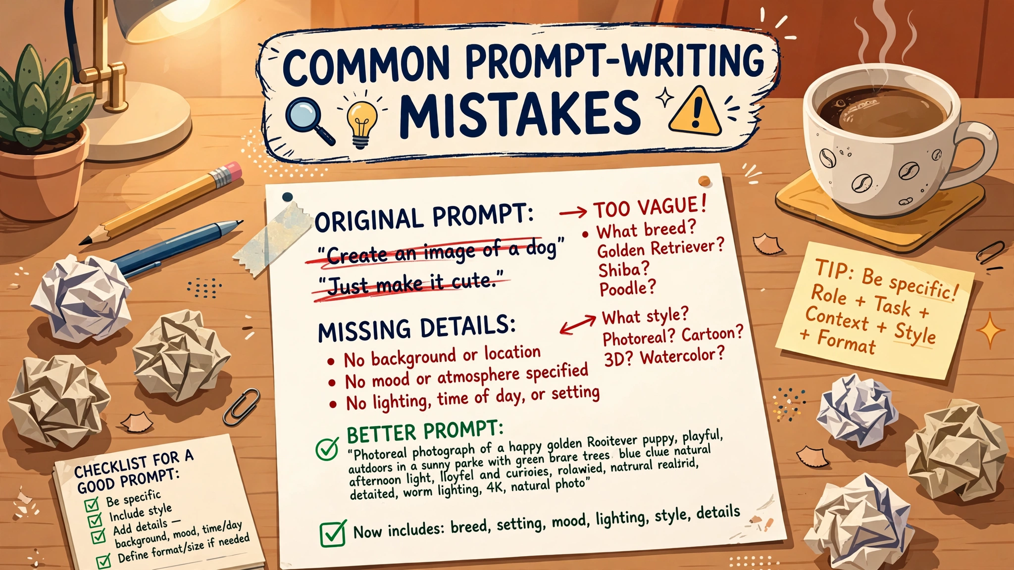 Illustration highlighting common AI image prompt mistakes to avoid