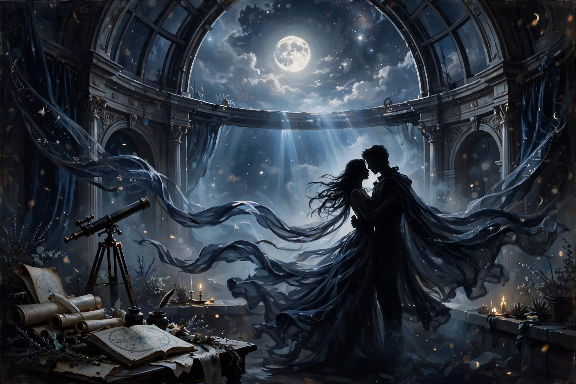 Fantasy art illustration of fictional adults under moonlight