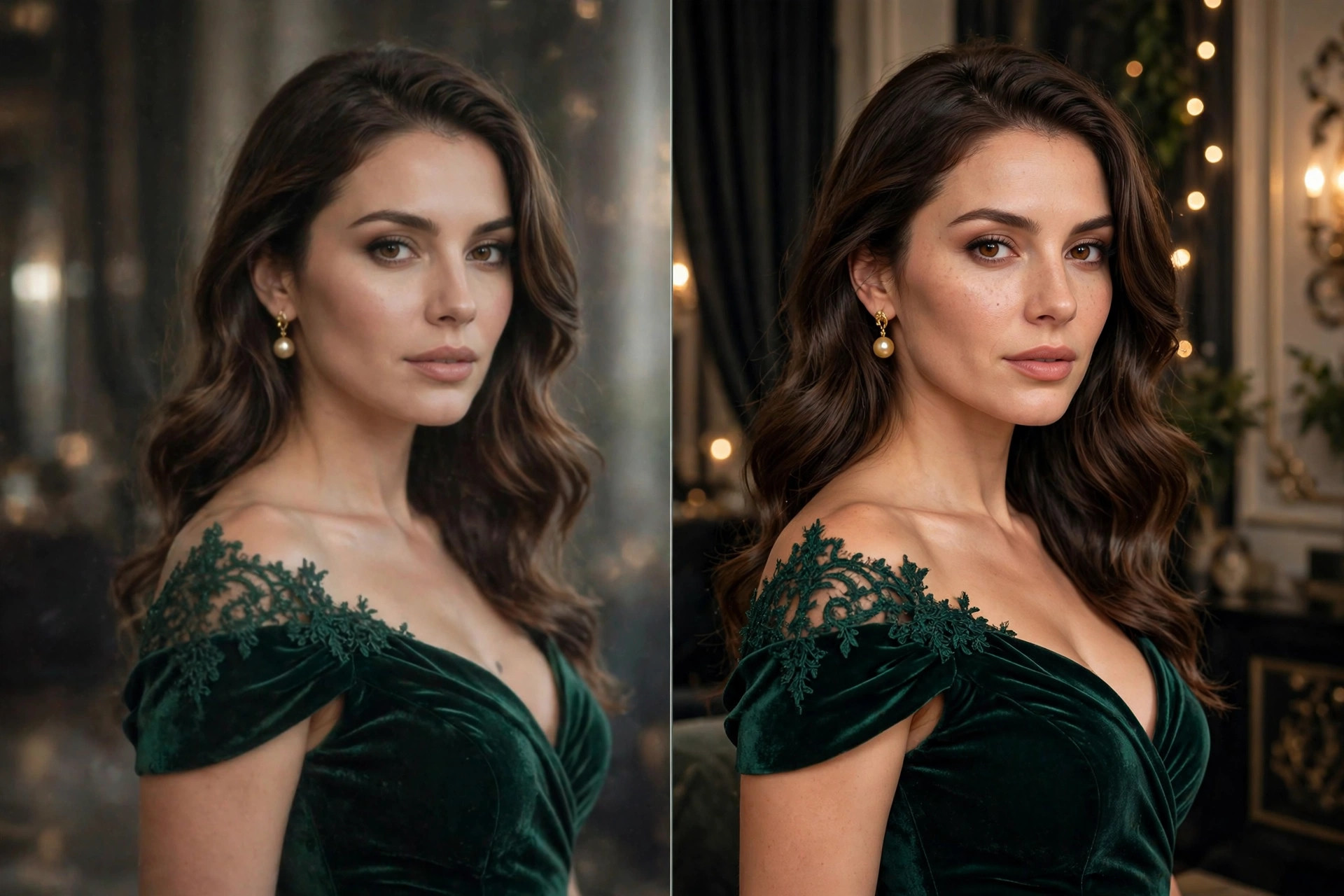 Before and after comparison of AI image upscaling: blurry low-resolution portrait versus sharp high-resolution version