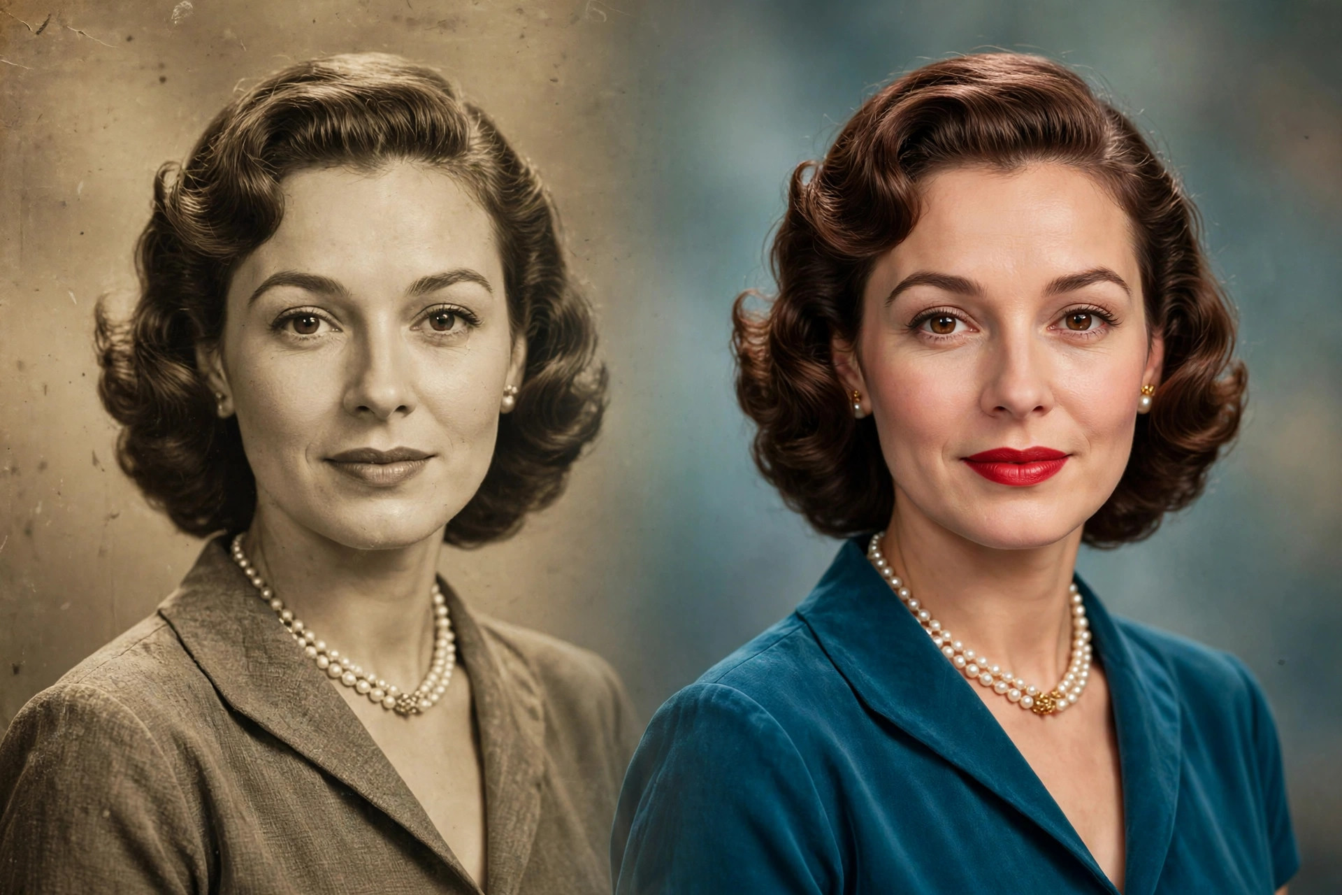 Photo restoration concept: faded vintage sepia portrait restored into vivid sharp color portrait