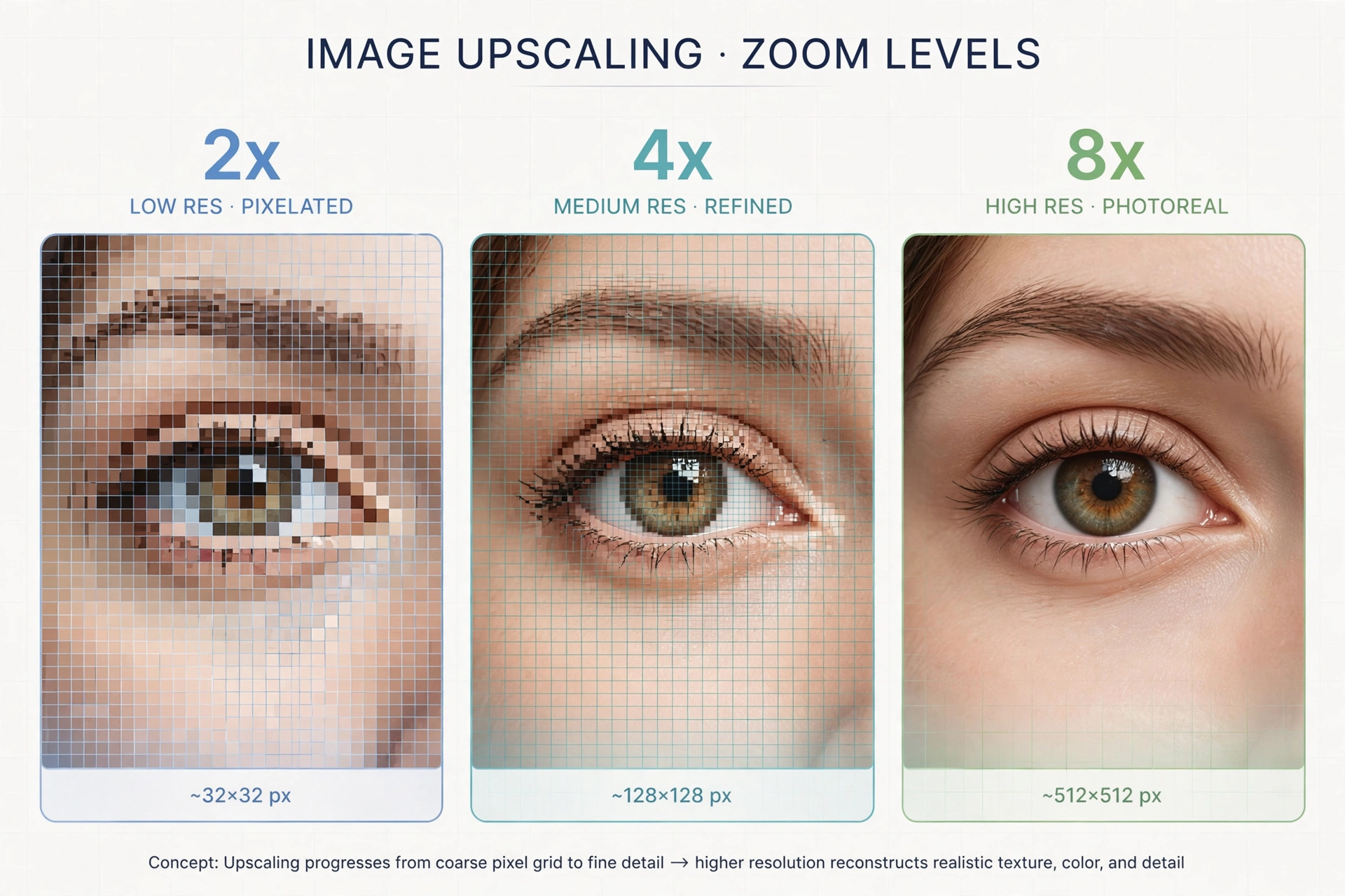 Concept illustration of upscaling zoom levels: 2x low resolution pixelated, 4x medium refined, 8x high resolution photoreal eye close-up