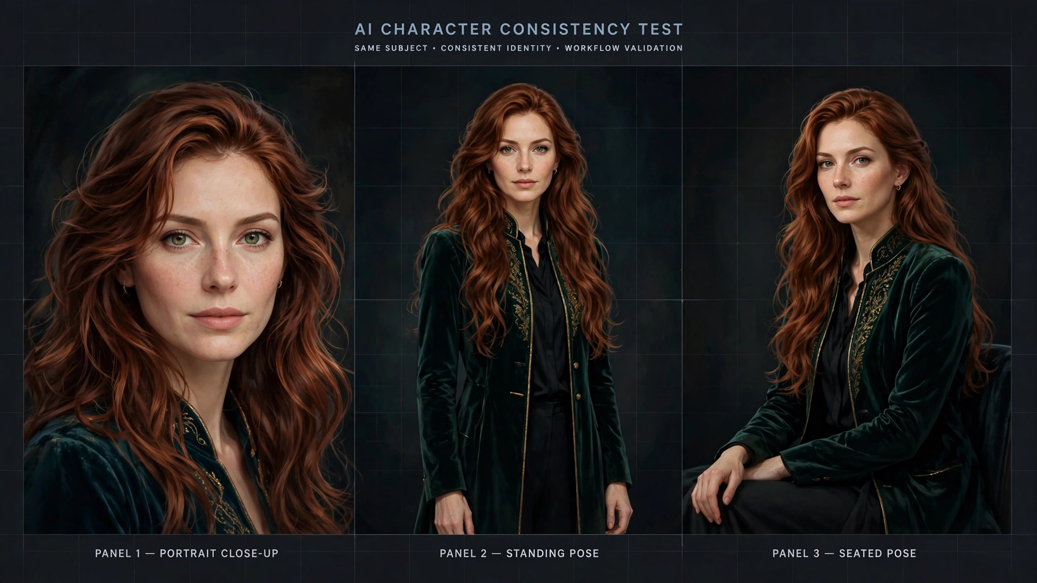 Three-panel comparison showing the same AI-generated female character with consistent face across a portrait, standing pose, and seated pose