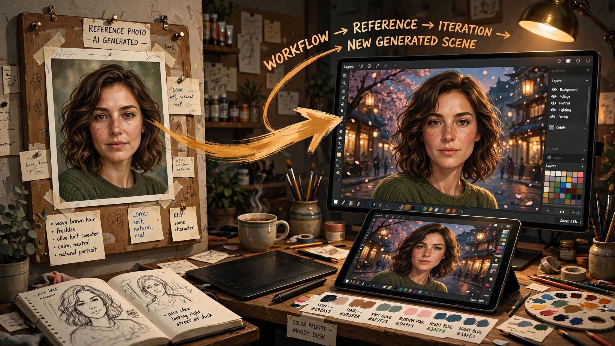 Illustration of a reference-image workflow: a keeper portrait pinned as reference, flowing into a new AI-generated scene of the same character on a glowing screen