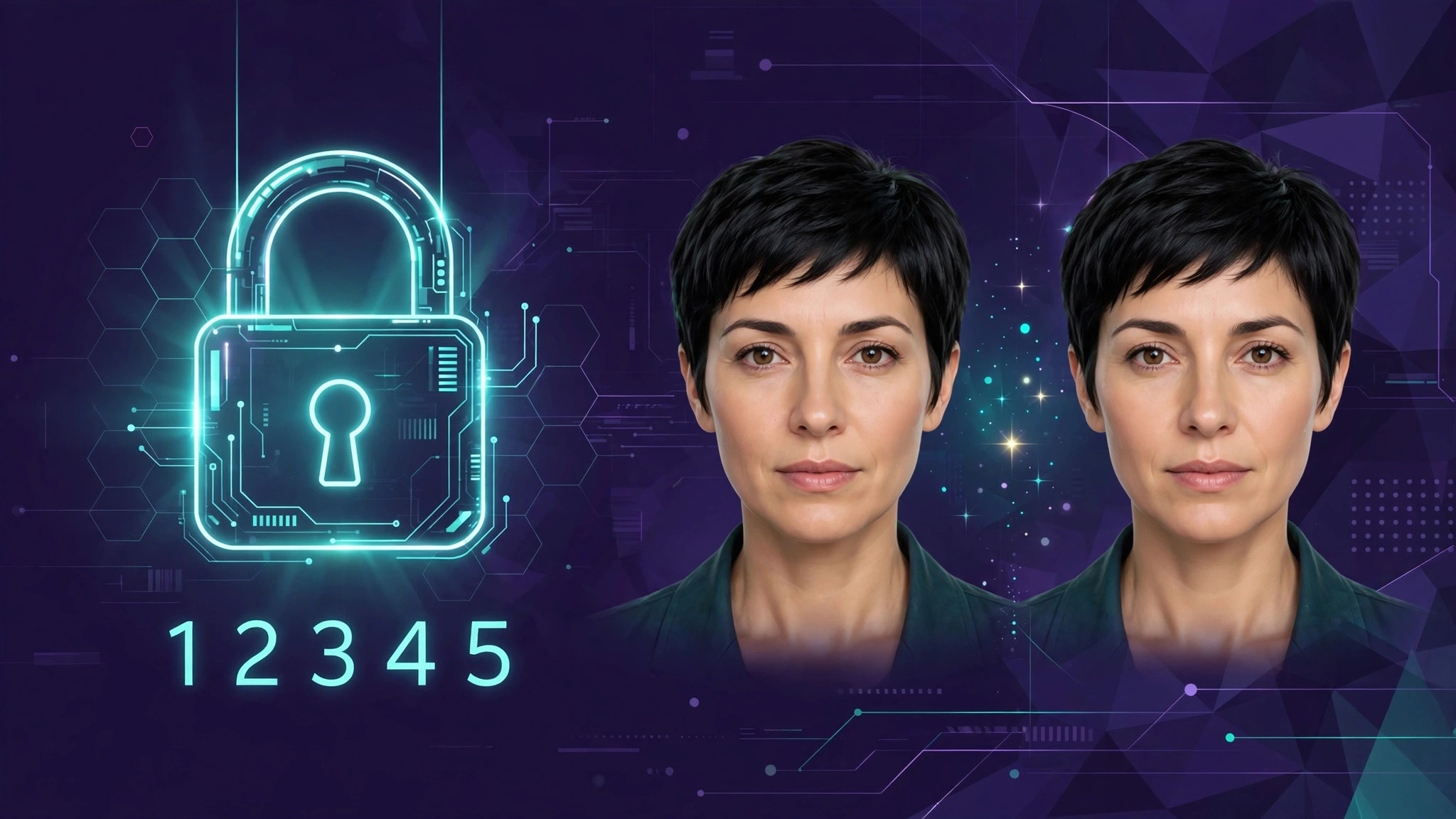 Concept illustration: a digital padlock over a seed number beside two near-identical AI-generated portraits showing seed-based variation control