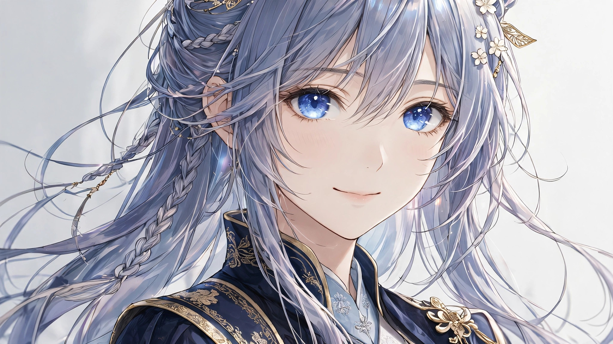 Close-up detail of high-quality AI anime portrait showing fine linework, luminous eyes, and intricate hair rendering