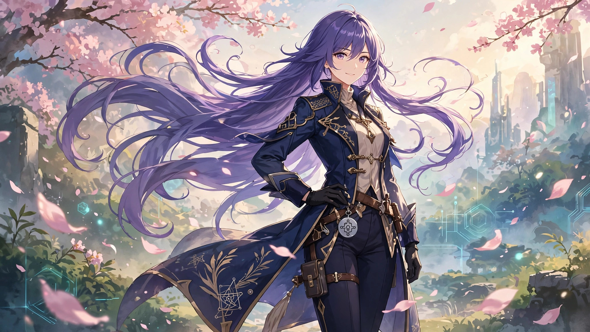 Anime-style AI illustration of an elegant anime heroine in a stylish fantasy outfit, showcasing high-quality AI anime art
