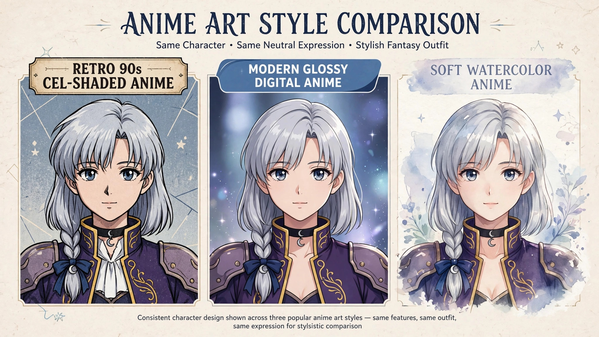 Comparison of the same anime character rendered in three styles: retro 90s cel-shaded anime, modern glossy digital anime, and soft watercolor anime