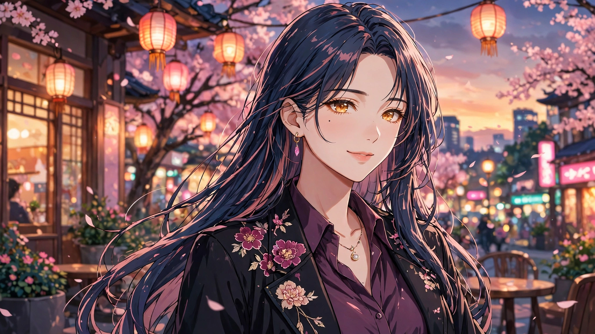 Anime-style AI-generated illustration of a beautiful woman in a lantern-lit street