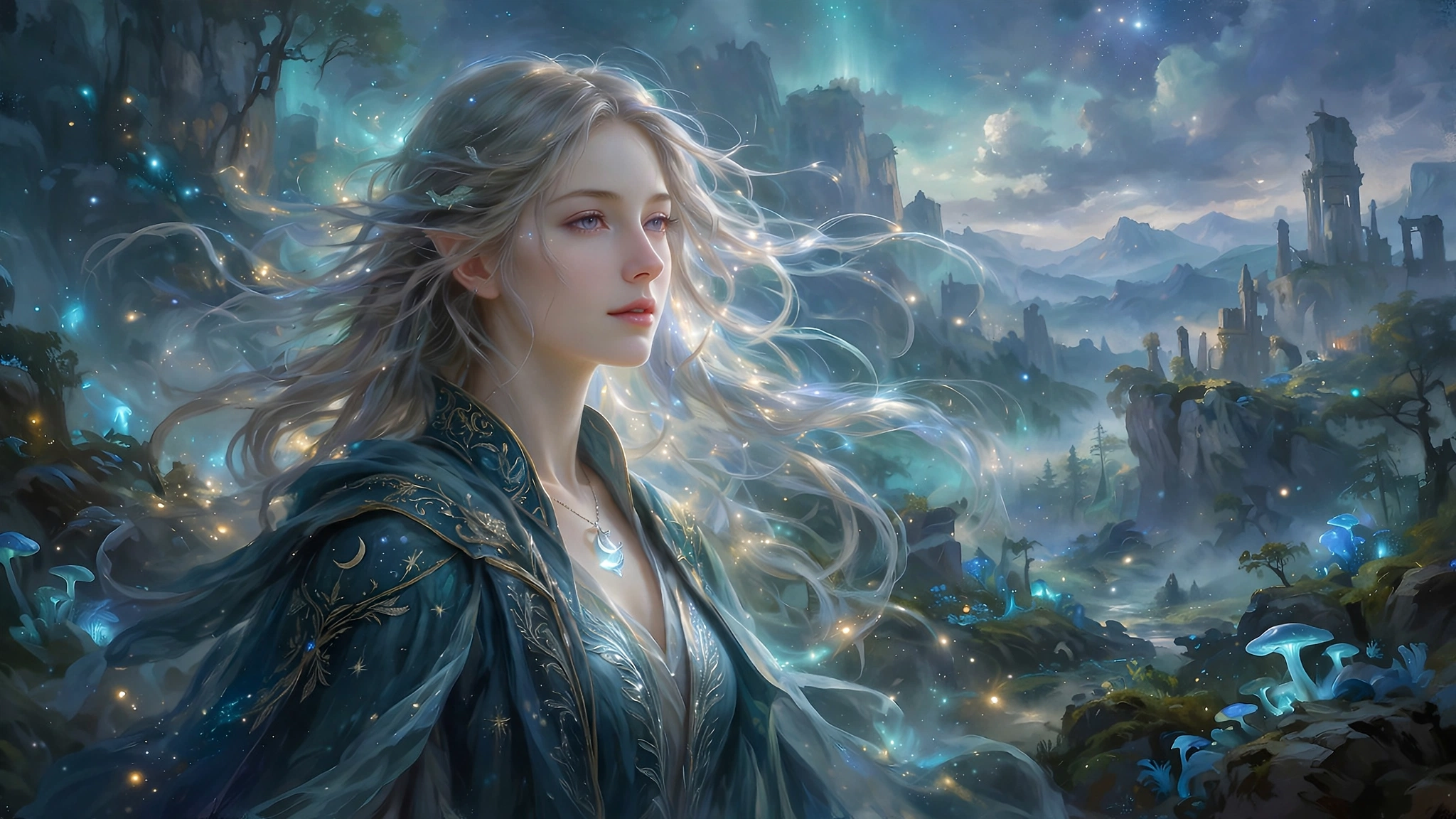 Fantasy digital painting of an ethereal woman in a magical glowing landscape