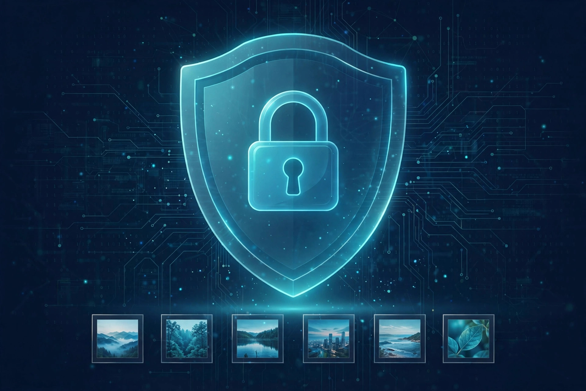 Digital privacy concept: glowing shield with padlock protecting a row of photo thumbnails