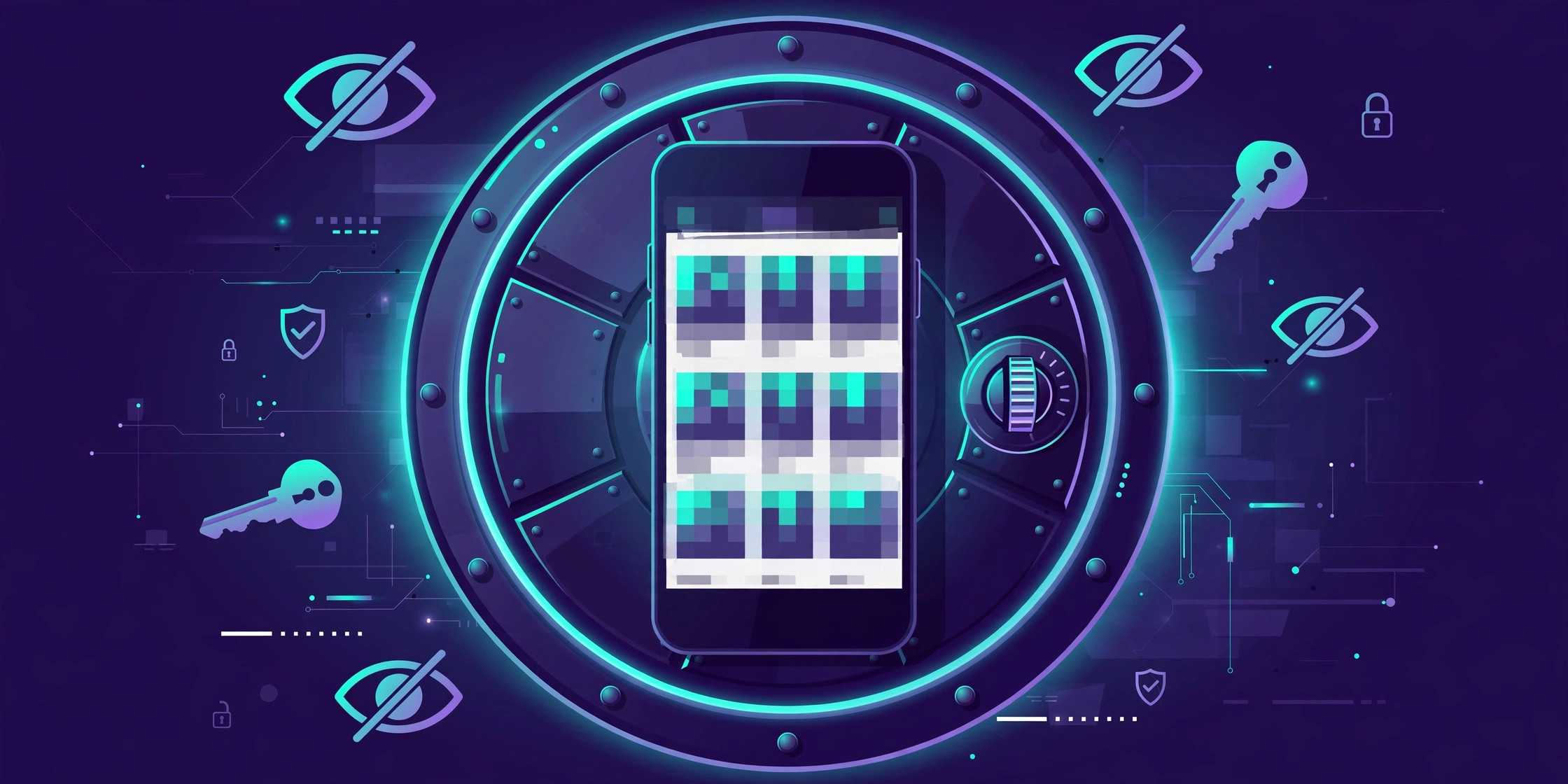 Privacy concept: smartphone with blurred photo gallery locked inside a glowing bank vault with privacy icons