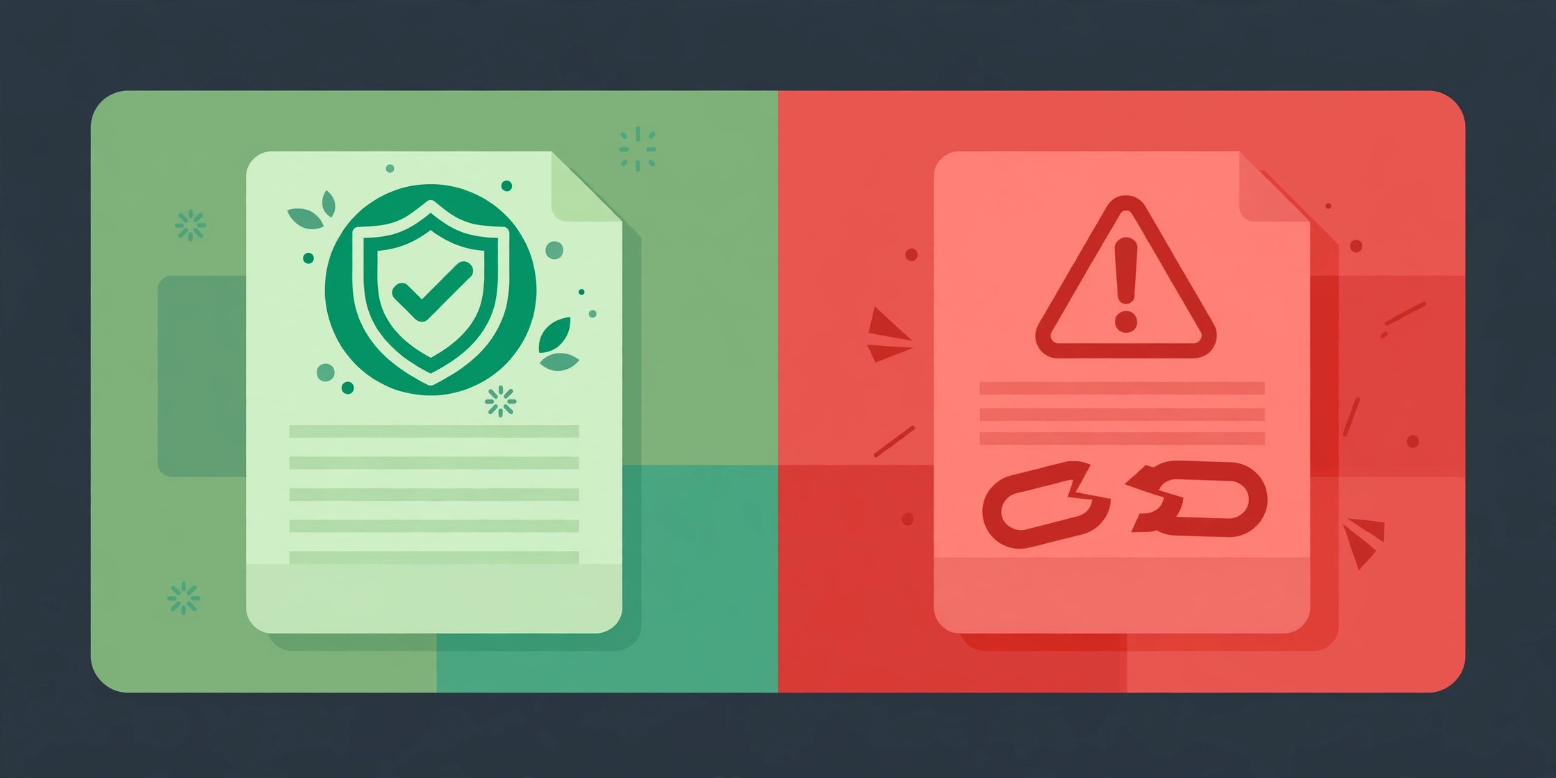 Safe versus unsafe concept: green checkmark over a shielded document contrasted with a red warning over a broken-link document